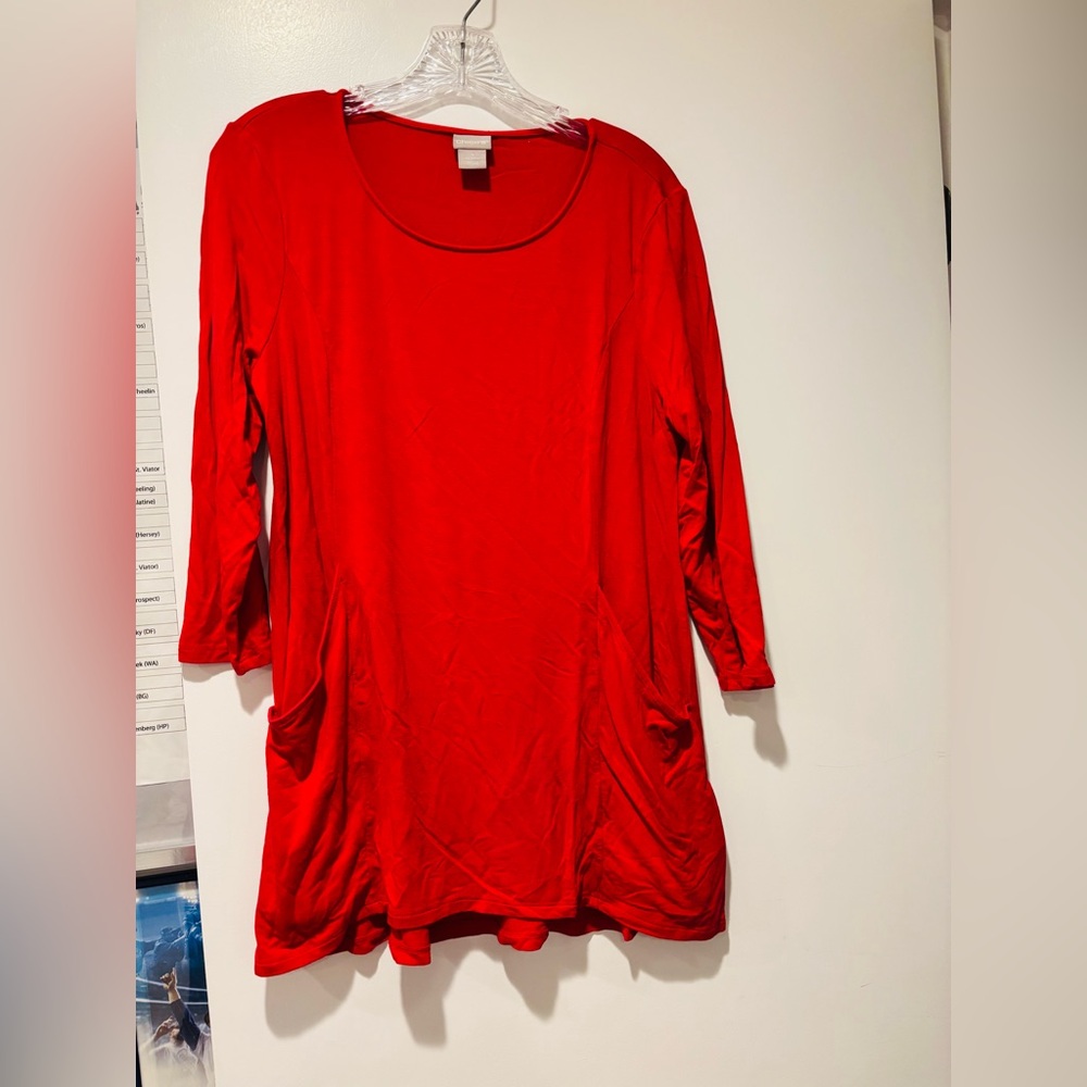 CHICO’S Vibrant Red Tunic Top With Pockets, Size Medium